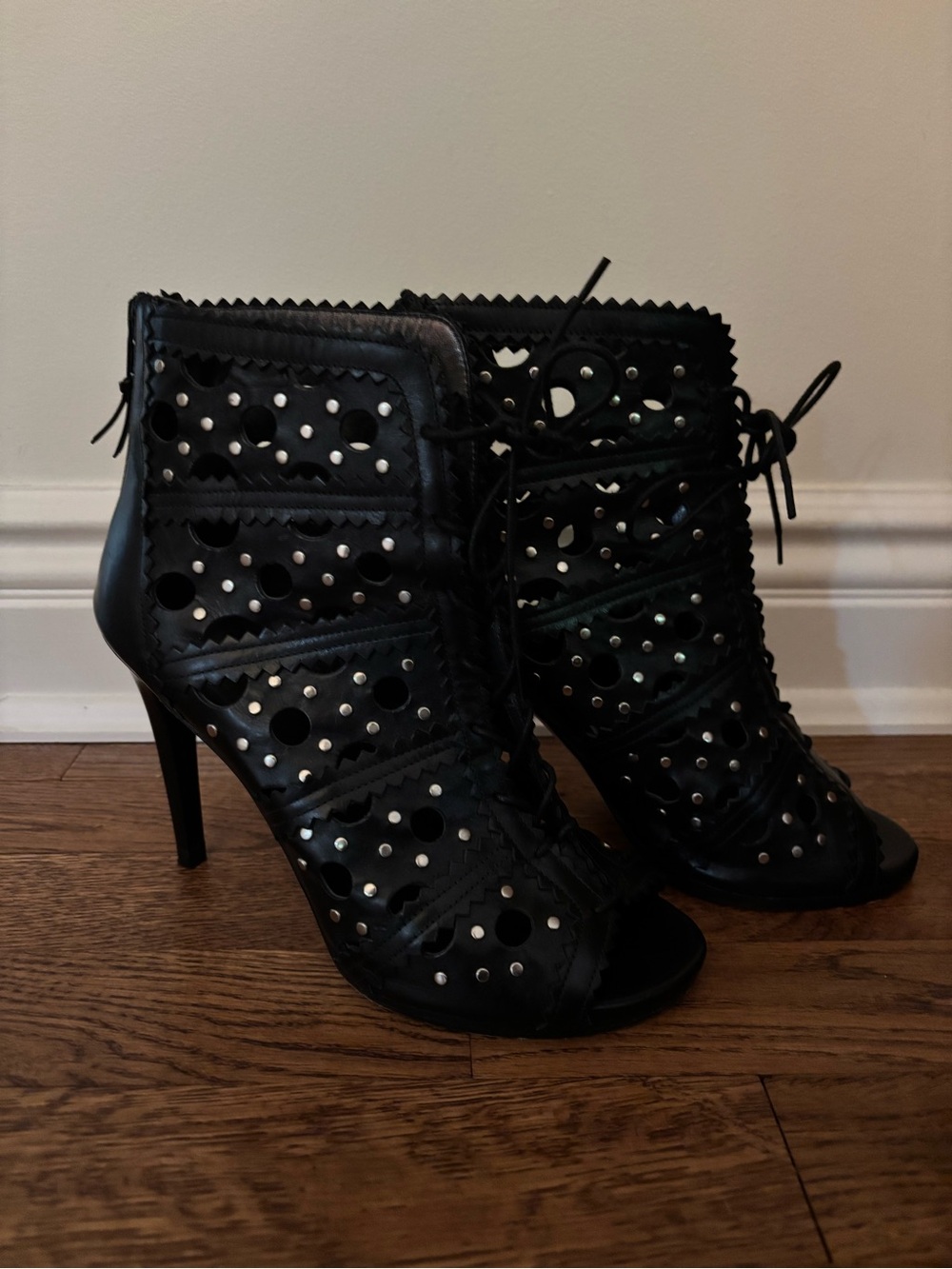 Women's Stuart Weitzman Black Laser-Cut Lace-Up Peep-Toe Booties